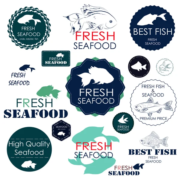 Definir crachás e adesivos para a indústria de frutos do mar —  Vetores de Stock