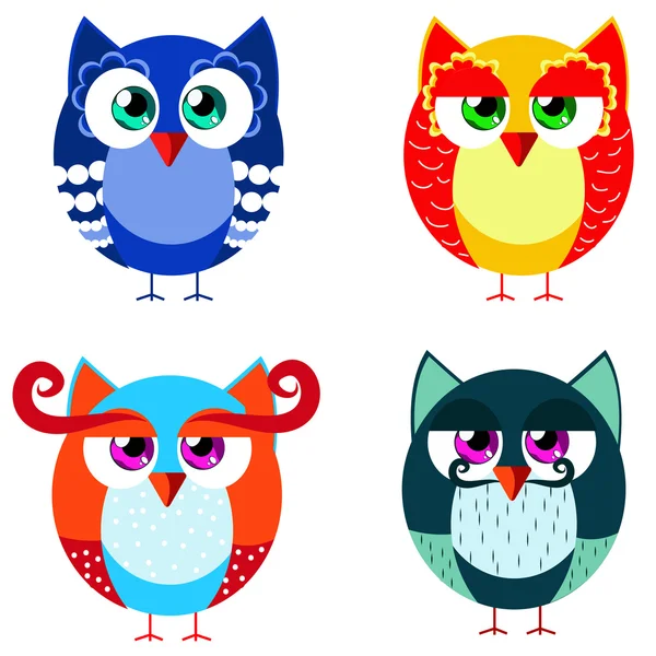 Set of colored owls in cartoon style — Stock Vector