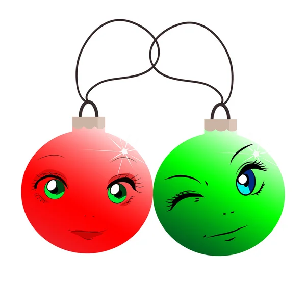 Divertidas bolas de Navidad en estilo de dibujos animados. Bolas rojas y verdes — Archivo Imágenes Vectoriales