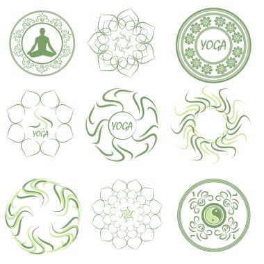 Yoga tema üzerinde Mandala, çizimler ve logolar ayarla