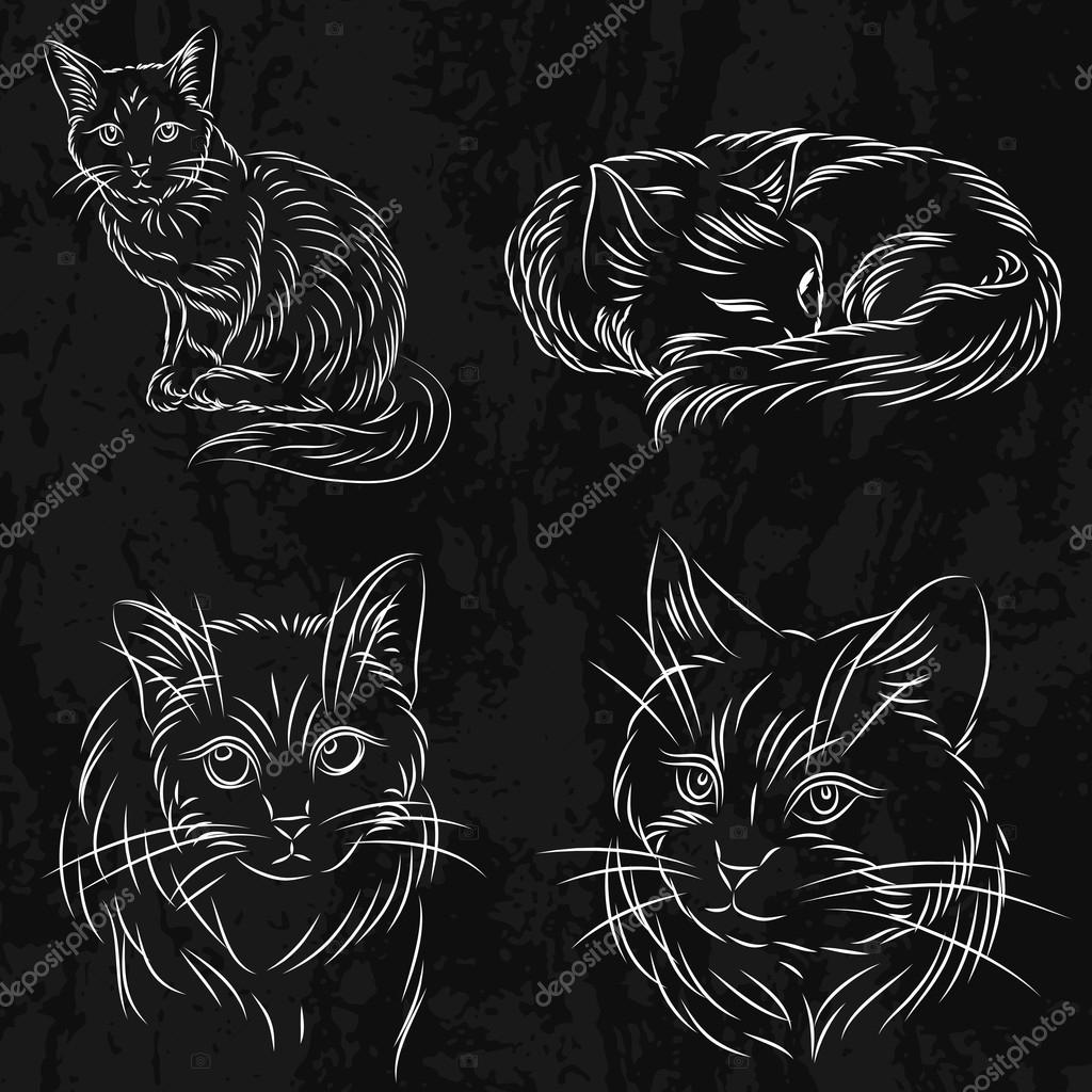 Set Of Cute Cats On White Background, Line Style Icon Vector