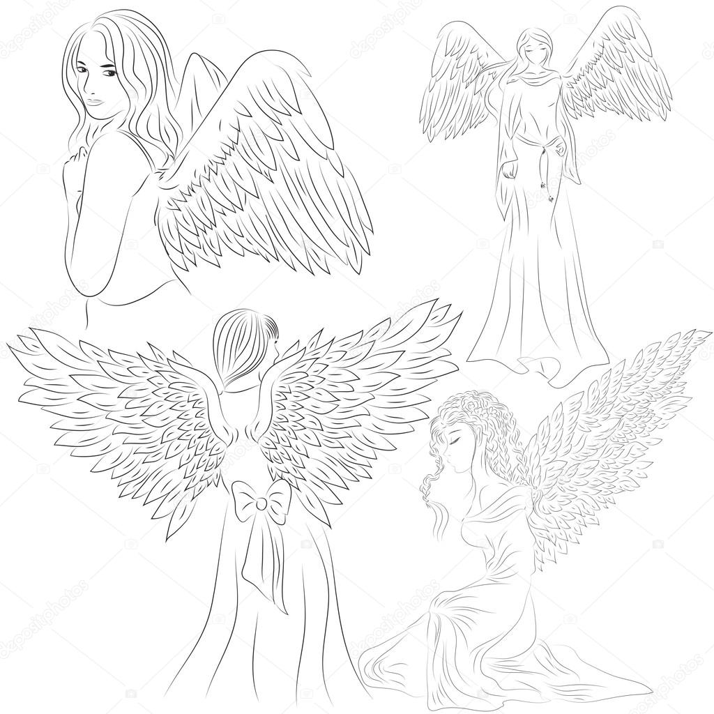 Set pictures of angels in a doodle and cartoon style