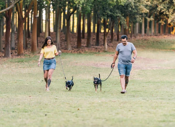 Coppia che cammina con il cane al guinzaglio in un parco — Foto Stock