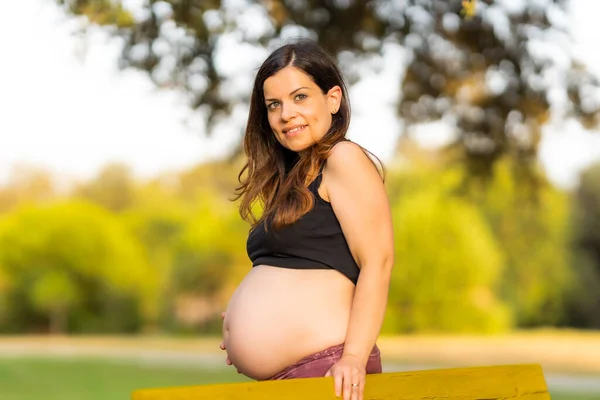 Retrato de una mujer embarazada apoyada en un banco del parque —  Fotos de Stock