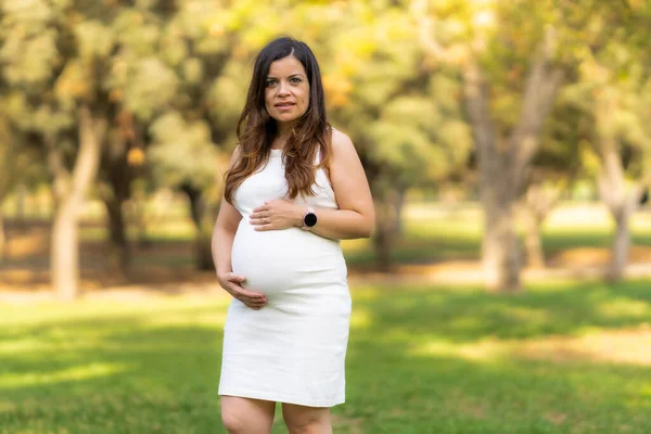 Mujer embarazada en un vestido de pie en un parque acariciando su vientre —  Fotos de Stock