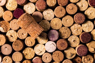 Çeşitli şarap mantarları, son görünüm, arka plan, tirbuşon.