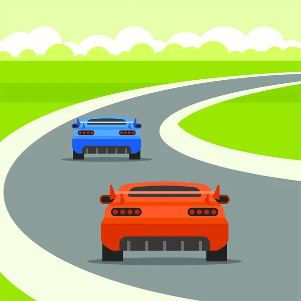 道路上の2台のレーシングカーのベクトル画像 青と赤の車のレーシング — ストックベクタ