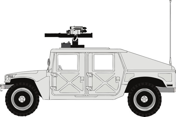 Vector illustration of a Hummer military vehicle, armed with weapons and communication equipment, Armed Forces Land vehicle with Machine Gun