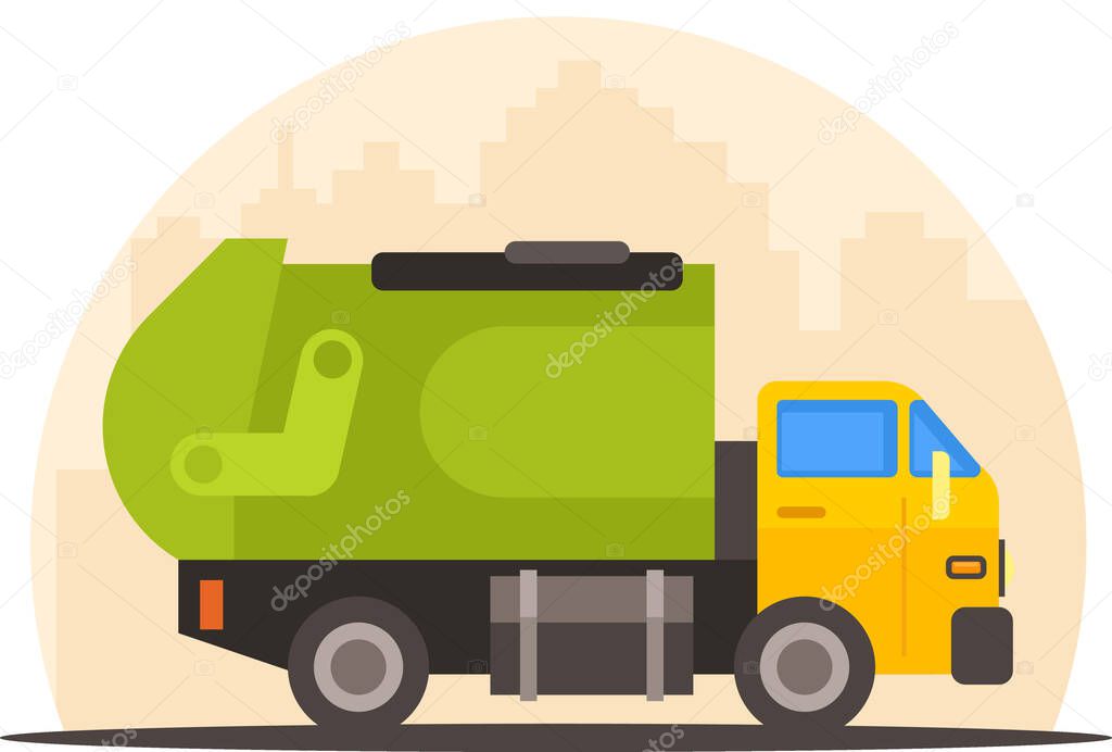 Vector image of a garbage truck, Residential and commercial solid waste collection, and transportation. Green garbage truck