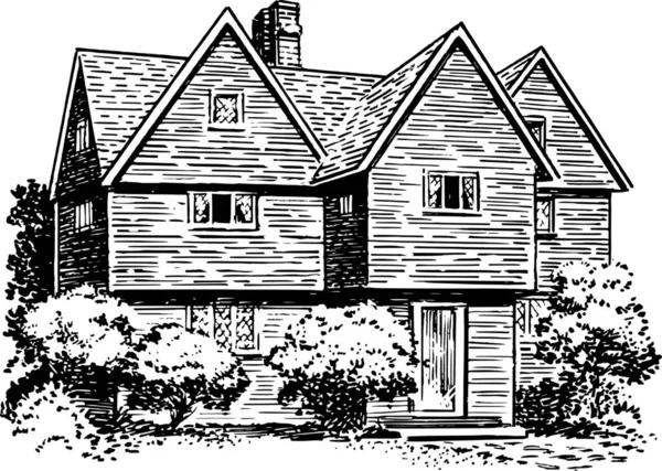 木制住宅的黑白图解 简朴住宅的黑白图解 古董屋 房屋外向量图解与屋顶的正面视图 现代住房 图库矢量图片