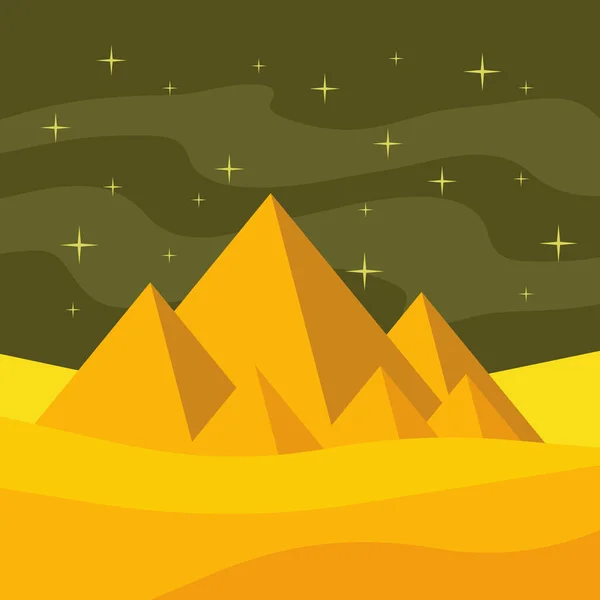 沙漠中金字塔的矢量图形 满月之夜埃及金字塔沙漠阿拉伯风景画 天上的星星 — 图库矢量图片