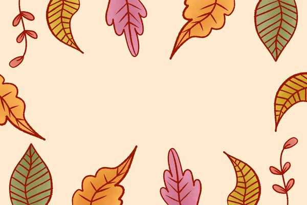 Sonbahar Yaprak Sınır Arkaplanı Bej Rengi, El Çizimi Sonbahar Yeşillik Çerçevesi Metin için Yer Tasarımı