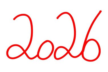 Kırmızı el yazısıyla 2026 yeni yılı beyaz arka planda basit ve temiz bir tasarım unsuruyla yeni yılı ve geleceği temsil ediyor.