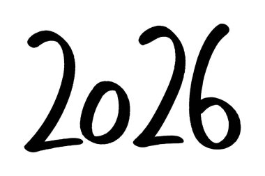 Takvimler ve planlamacılar için temiz beyaz bir arkaplan karşısındaki zarif siyah betikle 2026 yılında yazılmış, karalama çizimi