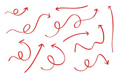 Beyaz arkaplanda farklı yönleri gösteren el çizimi kırmızı oklar ve grafik tasarım projeleri ve sunumlar için navigasyon