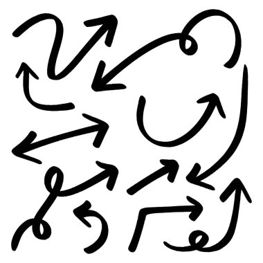 Çeşitli yönleri gösteren el yapımı siyah oklar, bilgi, web tasarımı ve sunumlar için ideal, oyuncu ve yaratıcı bir dokunuş ekleyerek,