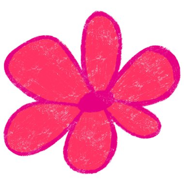 Çocuksu çiçek çizimi, tebeşirle çizilmiş pembe çiçek ve izole edilmiş pingli pastel fırçalar.