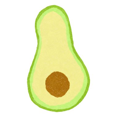 Kahverengi çukur, yeşil ten, boya kalemi ve tebeşir fırçası gibi izole edilmiş çocuksu resimli el yapımı avokado çizimi.