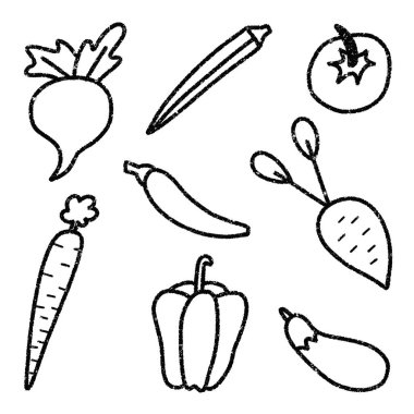 Sebze çizimleri sağlıklı yemek ve beslenme kavramları için pastel boyayla karalama yapar, şeffaf arka plan png 'sine izole edilir.