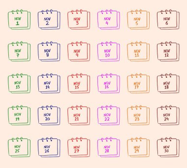 Kasım 2026 takvim simgeleri günlük takvim için 2026 Kasım takvimi ve pastel fırça biçimi illüstrasyonunda planlayıcı izole edildi