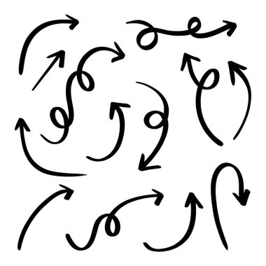 Farklı yönleri gösteren el çizimleri siyah oklar, hareket ve yönü sembolize ediyor.