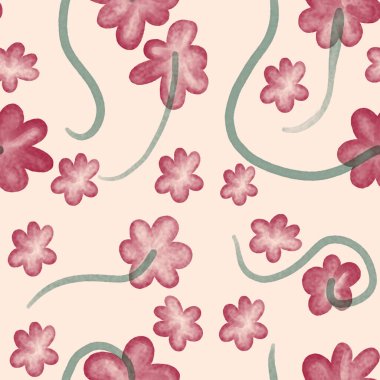 Yumuşak şeftali zemininde kavisli sapları olan güzel pembe suluboya çiçekler dekorasyon için pürüzsüz bir desen oluşturuyor.