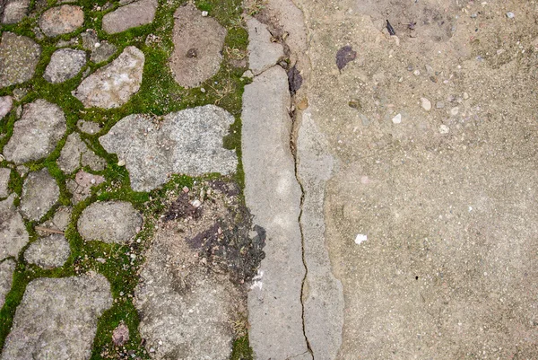 Brick pavement blocks. Cobbled pavement. Green moss on old stone footpath. Road pavement, grass green. Moss trying to grow inbetween cobbled pavement. — Stock Photo, Image