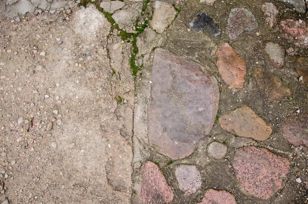 Cam tuğla kaldırım blokları. Arnavut kaldırımlı kaldırım. Yeşil yosun eski taş patika üzerinde. Yol kaldırım, yeşil çimen. Moss inbetween Arnavut kaldırımlı kaldırım büyümeye çalışırken.