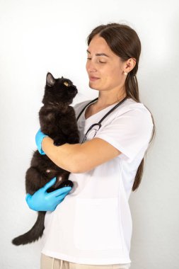 Veterinerlik ekibinden biri ona şefkatle bakarken bir kara kediyi nazikçe tutuyor. Evcil hayvan bakıcısıyla bakıcı arasındaki bağın vurgulandığı klinik bir ortam..