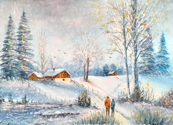 Pittura Olio Originale Winter Cottage — Foto Stock