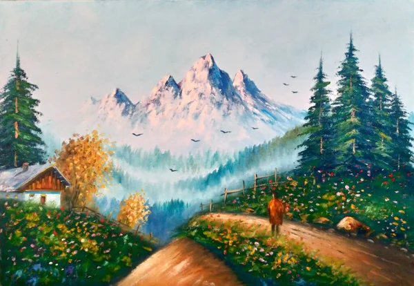 Pintura Óleo Original Cottage Montanha Neve — Fotografia de Stock