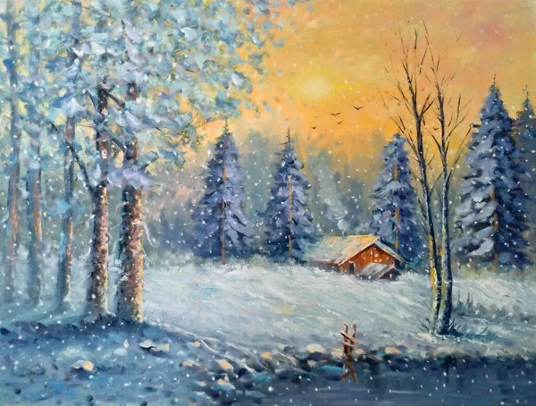 Original oil painting The Winter Cottage and the sunset