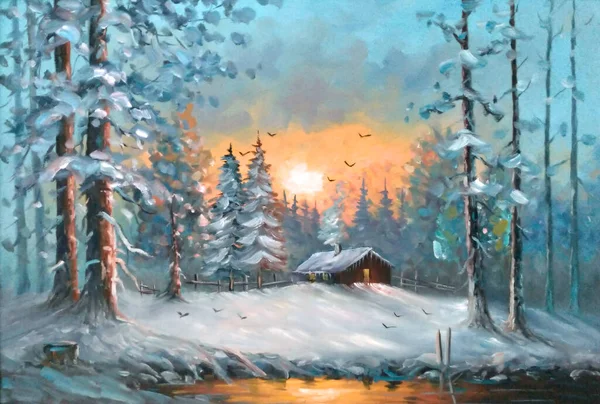 Original Oil Painting Cottage Winter Lake — Stock Photo, Image