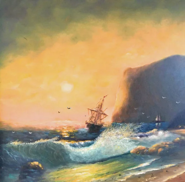 Original oil painting The sunset and the ship