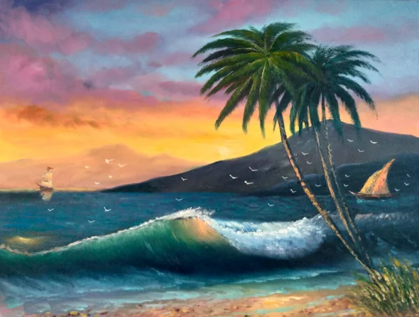 Origineel Olieverfschilderij Palm Zonsondergang Zee — Stockfoto