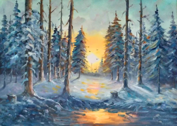 Originální Olejomalba Sunset Zimním Lese Royalty Free Stock Fotografie