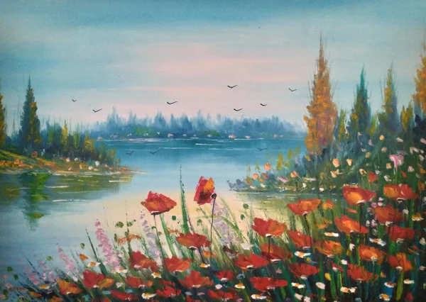 Peinture Huile Originale Les Coquelicots — Photo