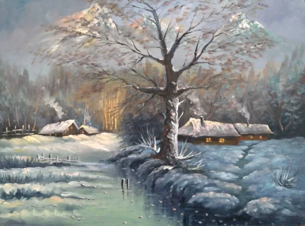 Original Oil Painting Winter Cottage — Stock Photo, Image