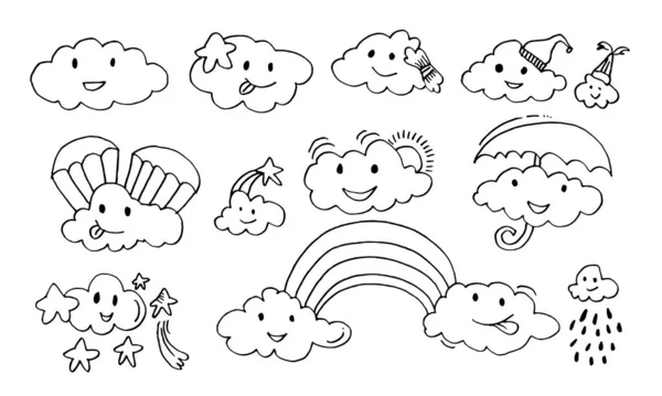 Kawaii Previsão Meteorológica Ícones Engraçado Mão Desenhado Vetor Clouds Vector — Vetor de Stock
