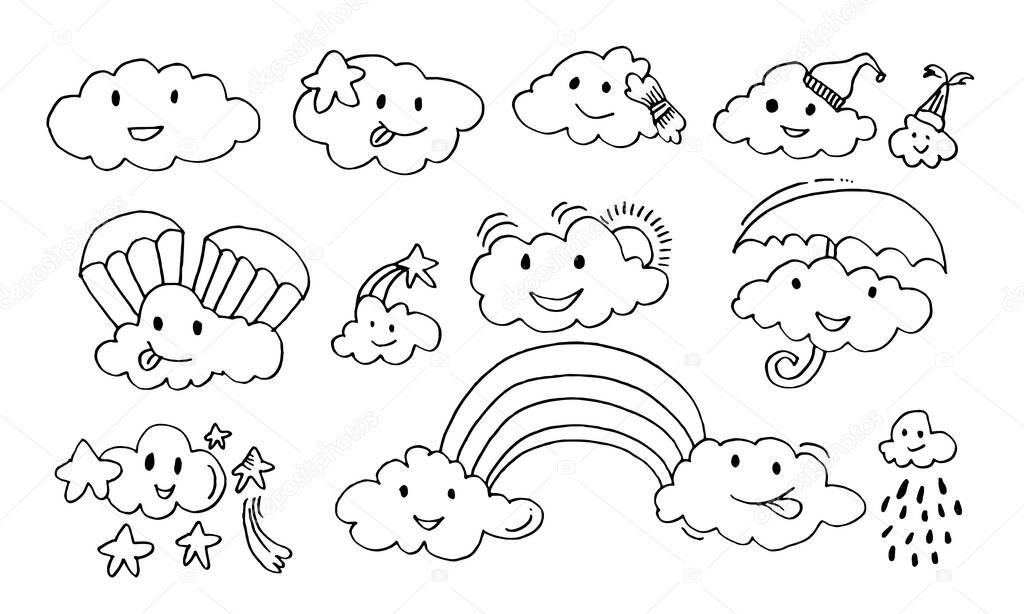 Kawaii weather forecast icons. Funny hand drawn vector clouds.Vector illustration.