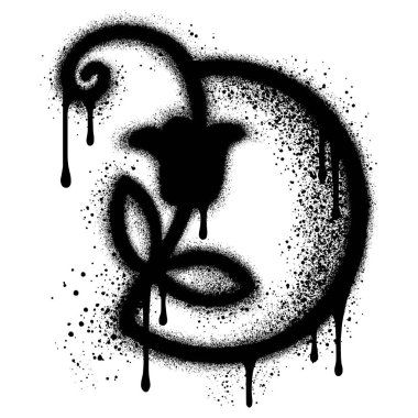 Graffiti çiçekli logo spreyi beyaz arka planda siyaha boyanmış..