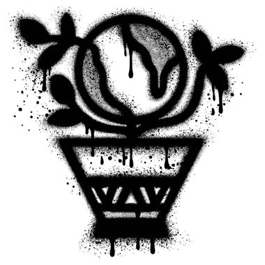 Graffiti tarzında bir saksının içine ekilmiş Dünya gezegeni. Ekoloji teması üzerine kavramlar ve semboller.