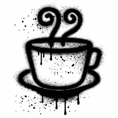 Kahve fincanı grafitisi, fincanın altında siyah sprey boya çizimi ve kahve yazılı. vektör illüstrasyonu.