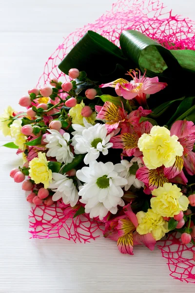 Beautiful bouquet of colorful flowers, white chrysanthemums and — Stock Photo, Image