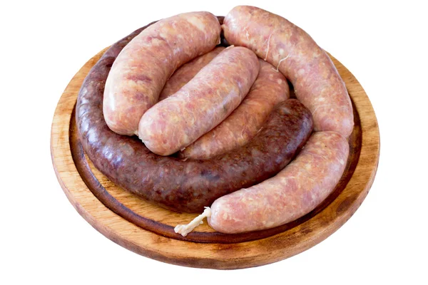 Homemade liver sausage meat and raw sausage on a wooden board — Stock Photo, Image