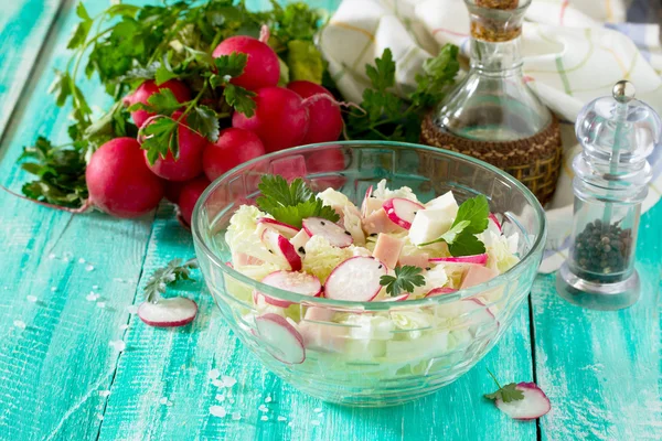 Салат со свежей редиской, капустой, сыром фета и курицей — стоковое фото
