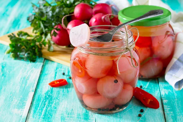 Vegetables, pickled radish and chili, with space for text. — Stock Photo, Image
