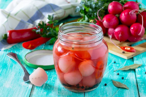 Pickled radish and chili peppers in a rustic style, selective fo — Stock Photo, Image