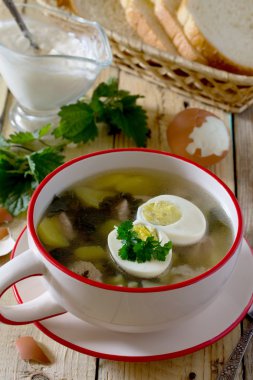 Yumurta ve ekşi krema bir ahşap backgro üzerinde genç ısırgan çorbası