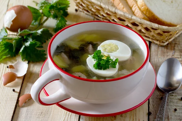 Суп з молодої кропиви з м'ясом та яйцем на дерев'яному фоні . — стокове фото